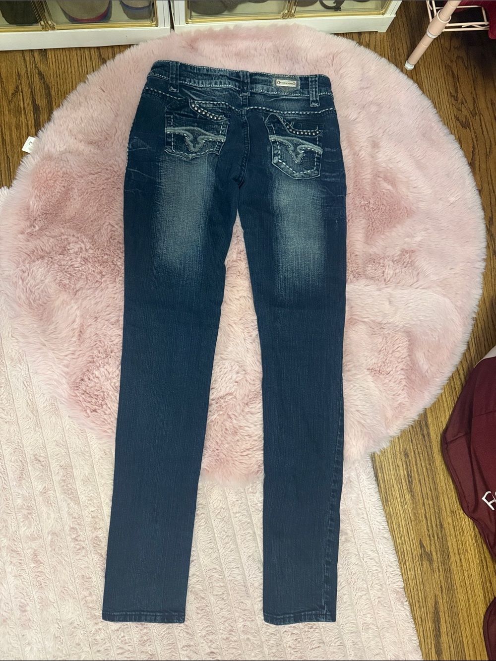 Rock Revival Dark Blue Straight Leg Jeans with Studded Back Pockets